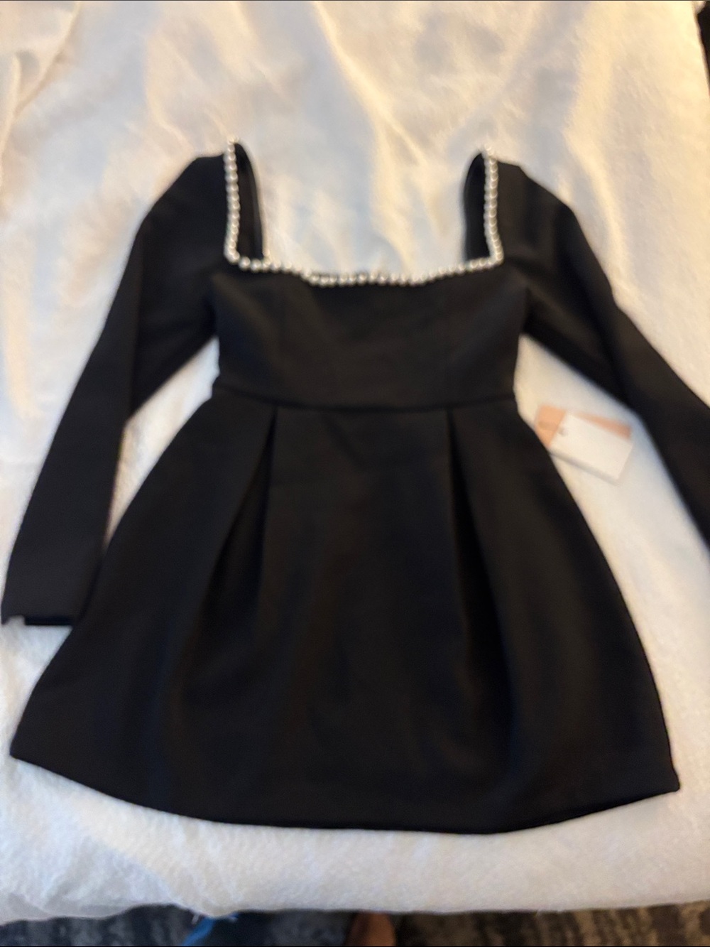 Pearl-Trim Black Mini Dress with Long Sleeves